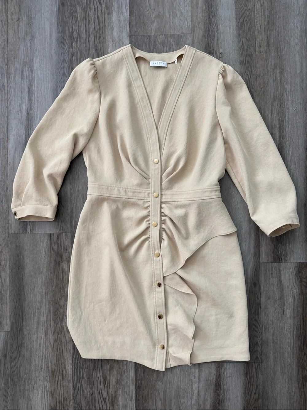 NEW Sandro Beige Teana Ruched Mini Dress EU 40